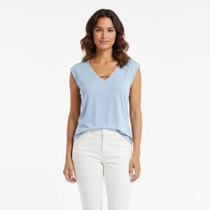 Emaline Light Blue V-Neck Cap Sleeve Knit Top - Size Small
